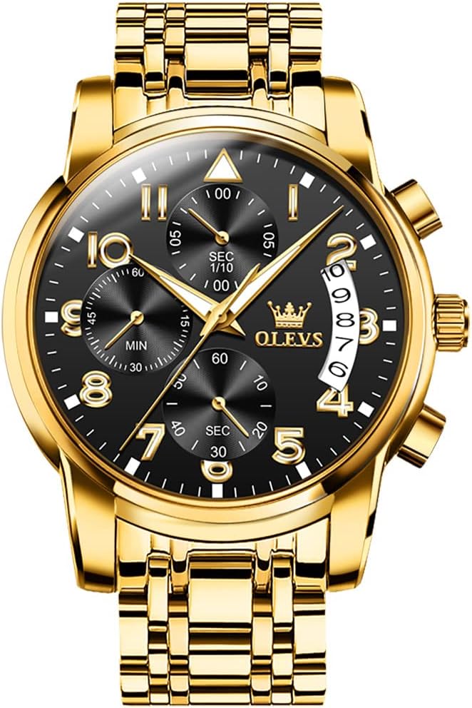OLEVS Men's Stainless Steel Chronograph Watch, Big Face Gold Silver Black Tone Easy to Read Analog Quartz Watch, Luxury Waterproof Date Diamond Roman Arabic Numerals Dial Dress Watch for Men