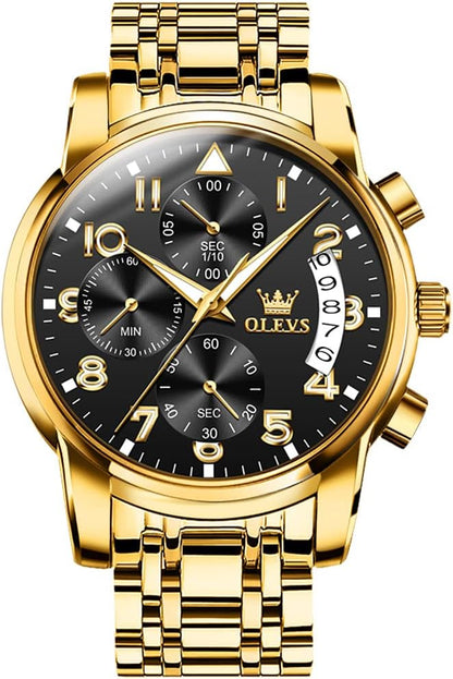 OLEVS Men's Stainless Steel Chronograph Watch, Big Face Gold Silver Black Tone Easy to Read Analog Quartz Watch, Luxury Waterproof Date Diamond Roman Arabic Numerals Dial Dress Watch for Men