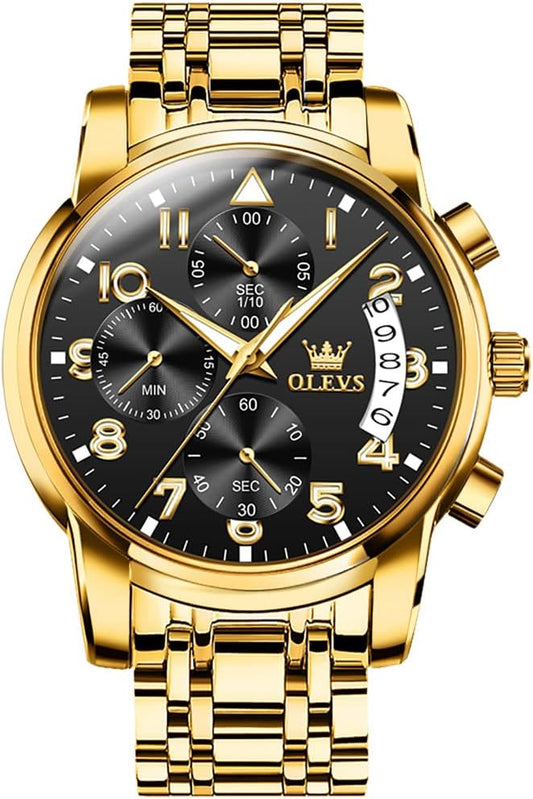 OLEVS Men's Stainless Steel Chronograph Watch, Big Face Gold Silver Black Tone Easy to Read Analog Quartz Watch, Luxury Waterproof Date Diamond Roman Arabic Numerals Dial Dress Watch for Men
