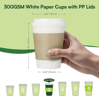 Disposable Coffee Cups with Lids & Sleeves 12 oz Paper Cups, 50 Pack To Go Hot Cups with Lids, BPA Free Thickened Leak Proof White Disposable Cups for Everyday Use Office Coffee Bar Supply Essentials