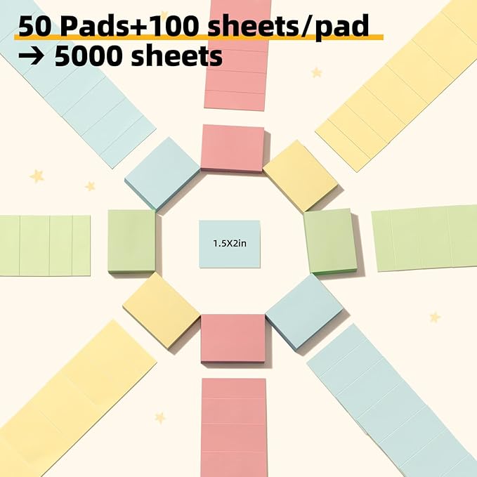 Umikk 50 Pack Sticky Notes 1.5x2 in, 5000 Sheets Small Self-Stick Note, 4 Color Mini Sticky Notes Pad Bulk, Easy to Post for Office, School, Home