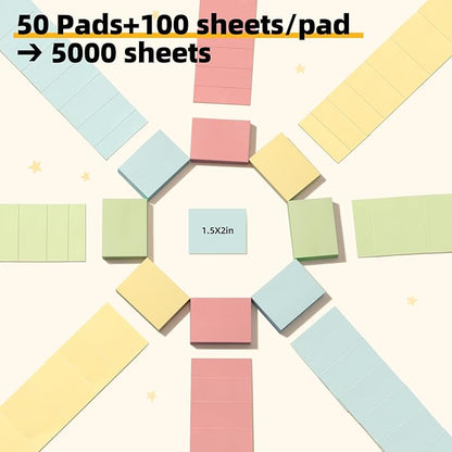 Umikk 50 Pack Sticky Notes 1.5x2 in, 5000 Sheets Small Self-Stick Note, 4 Color Mini Sticky Notes Pad Bulk, Easy to Post for Office, School, Home