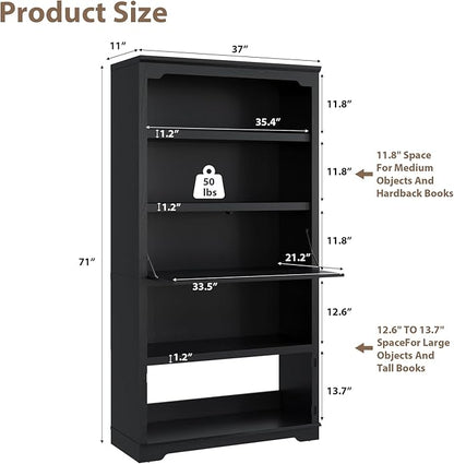 HIFYOBRO 71 inch Tall Bookcase, 5-Tier Open Display Storage Shelf, with Flip-Down Door on 3rd Book Shelf, 37 inch Wide Freestanding Bookshelves for Home, Office, Library (Black)