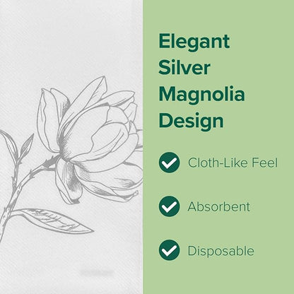 SimuLinen Silver Magnolia Disposable Bathroom Guest Towels - Folded, Single-Use, Kosher Paper Towels, 12x17", 100ct (Made in USA)