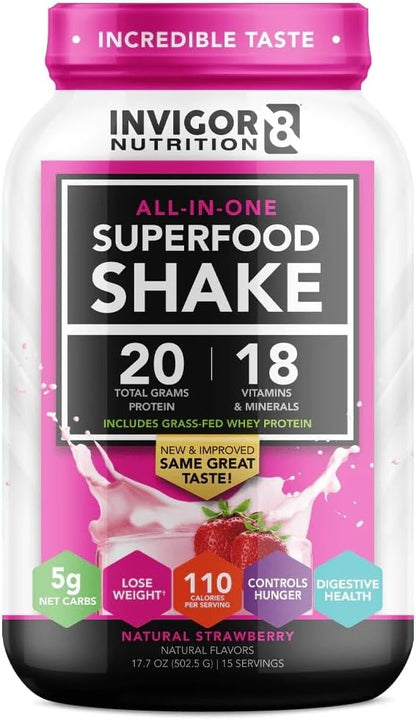 INVIGOR8 Superfood Grass Fed Whey Protein Isolate Shake Natural Strawberry Gluten-Free and Non GMO Meal Replacement with Probiotics and Omega 3 (645g)