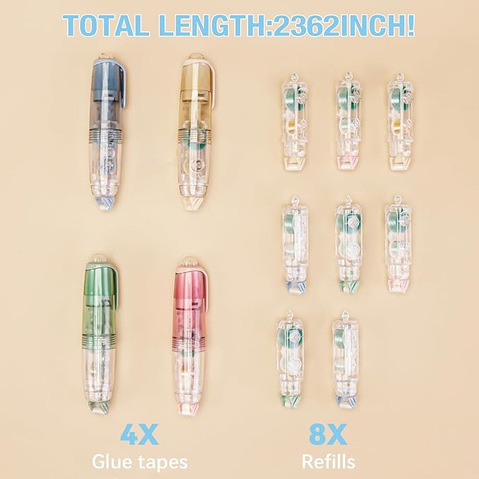 4 Pcs Double Sided Tape Roller with 8 Refills, Retractable Glue Tape Roller, Adhesive Tape Dispenser Runner for Scrapbooking and Crafts, Arts Projects,Gift Wrapping, Photo-Safe