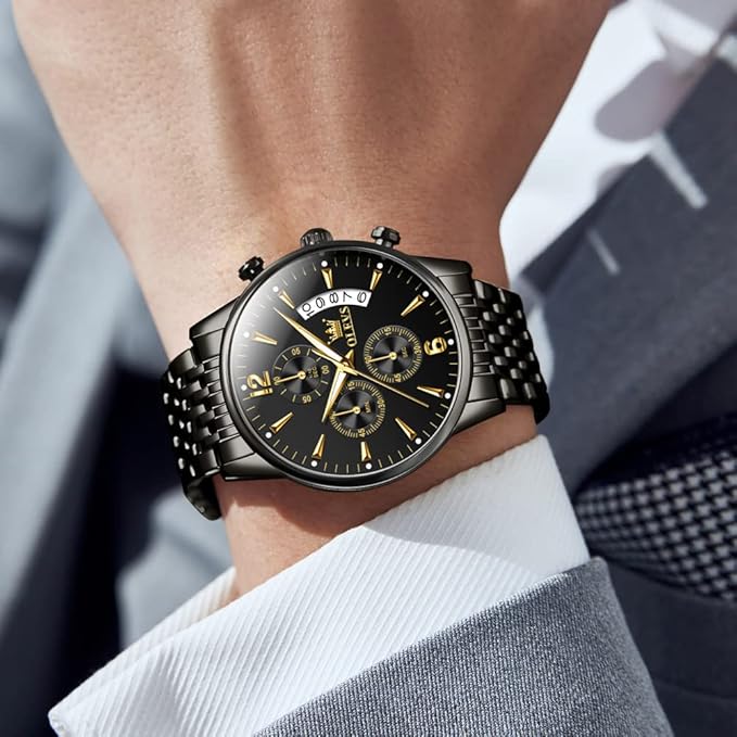 OLEVS Men's Stainless Steel Chronograph Watch, Big Face Gold Silver Black Tone Easy to Read Analog Quartz Watch, Luxury Waterproof Date Diamond Roman Arabic Numerals Dial Dress Watch for Men