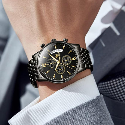 OLEVS Men's Stainless Steel Chronograph Watch, Big Face Gold Silver Black Tone Easy to Read Analog Quartz Watch, Luxury Waterproof Date Diamond Roman Arabic Numerals Dial Dress Watch for Men