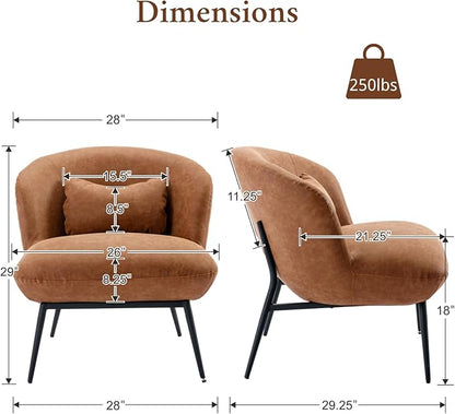 Modern Accent Chair Set of 2, Upholstered PU Leather Side Chair Guest Chair with Small Pillow Black Metal Legs, Comfy Lounge Chair for Living Room Bedroom, Brown