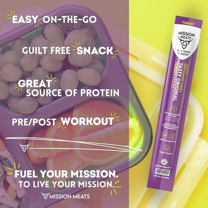 Mission Meats Turkey Sticks, 100% Free Range Turkey Jerky, Zero Sugar, Delicious Healthy Snacks, 9g Protein, Individually Wrapped, Gluten Free, Original 1oz (24ct)