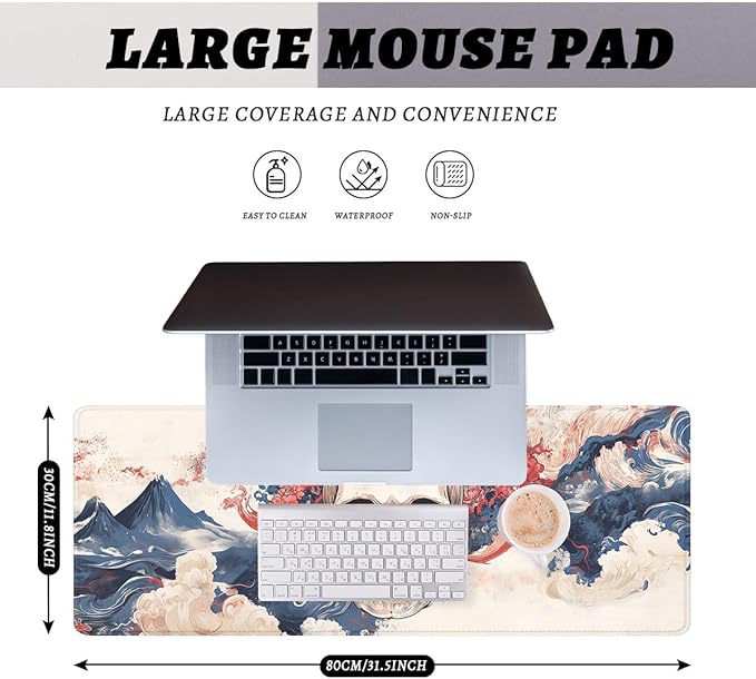 Japanese Skull Desk Mat Watercolor Wave Ocean Art Extended Gaming Mouse Pad Mat with Stitched Edge Non-Slip Base Big Mousepad 31.5"x11.8"