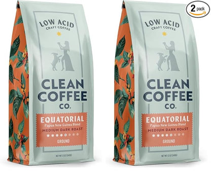 Clean Coffee Co. - Low Acid Medium-Dark Roast, Tested for Molds and Toxins, Papua New Guinea Blend, Notes of Milk Chocolate and Roasted Almonds (Ground, 12 oz Bag) (Pack of 2)