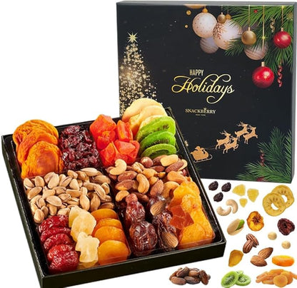 Christmas Dried Fruit & Nuts Gift Basket Arrangement Platter, Gourmet Food Snack Box, Healthy Kosher (3-Pack)