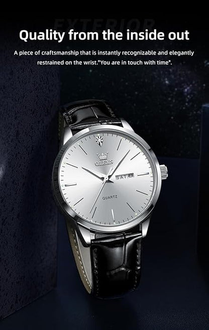 OLEVS Mens Watches, Dress Waterproof Classic Analog Casual Luxury Wrist Watch for Men with Date, Easy to Read Relojes para Hombres Male Quartz Wristwatch with Brown Black Leather Band Blue Black Dial