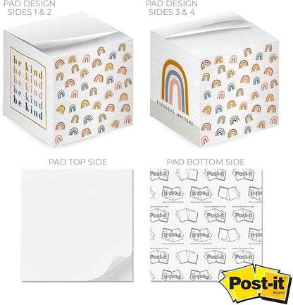 Be Kind Modern Rainbow Sticky Note Cube / 600 Sheets / 2.75" Memo Block Printed on 4 Sides/Different Boho Rainbow Design On Each Side/Made in The USA