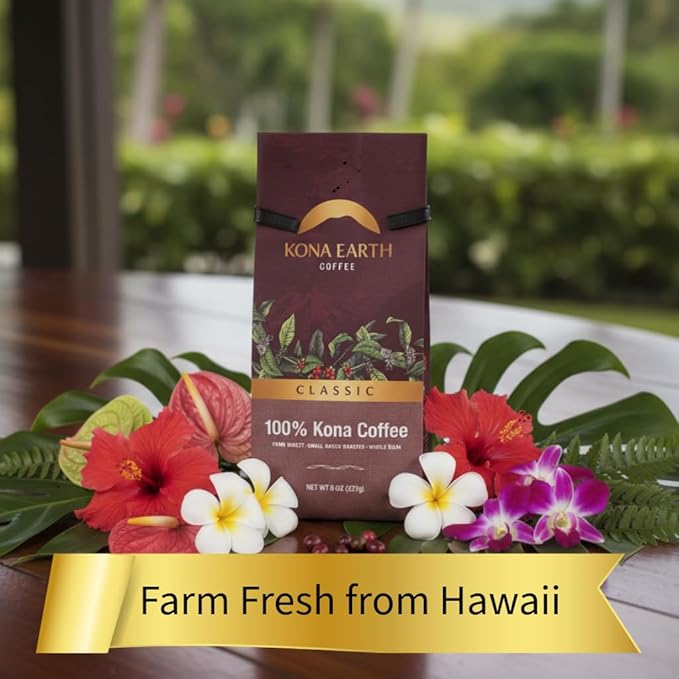 KONA EARTH 100% Kona Classic Coffee, Dark Roast, Whole Bean (8oz) Farm-Direct Authentic Hawaiian Kona Coffee beans from Hawaii’s Big Island, Micro-Batch-Roasted