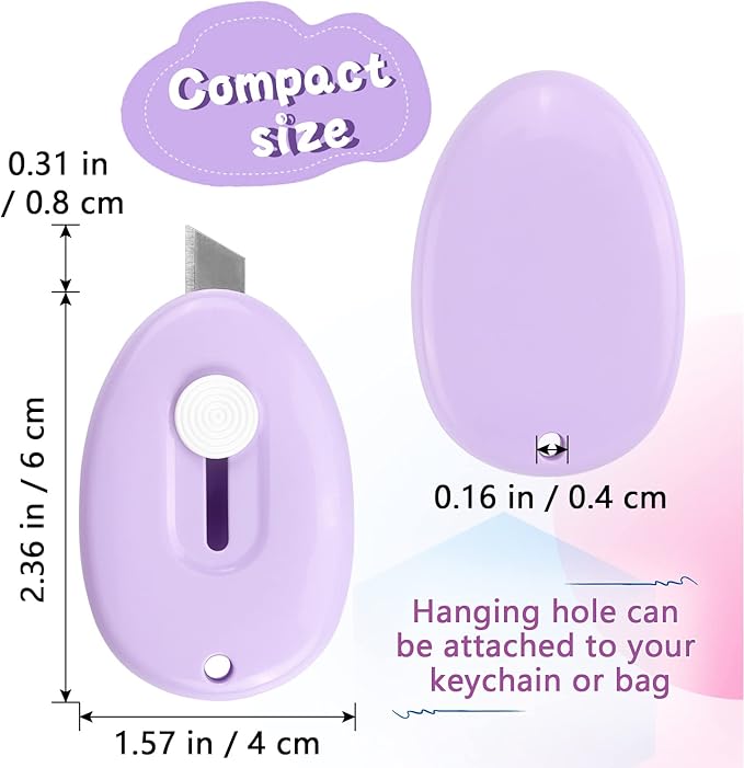 Tamaki 4 Pack Mini Box Cutter Retractable Utility Knife Letter Opener Envelope Slitter, Box Cutter with Key Chain Hole (Blue, Pink, Purple, White)