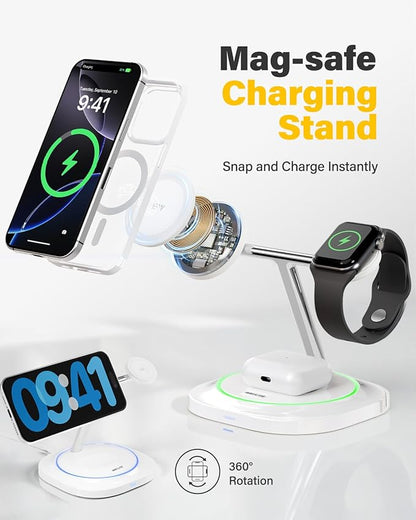 3 in 1 Magnetic Wireless Charger for Apple -Fast Charging Station Compatible with MagSafe for iPhone17-12, Apple Watch&AirPods, Phone and Watch Charger Stand for Desktop Bedside Office (Elegant White)