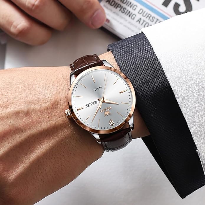 OLEVS Mens Watches, Dress Waterproof Classic Analog Casual Luxury Wrist Watch for Men with Date, Easy to Read Relojes para Hombres Male Quartz Wristwatch with Brown Black Leather Band Blue Black Dial