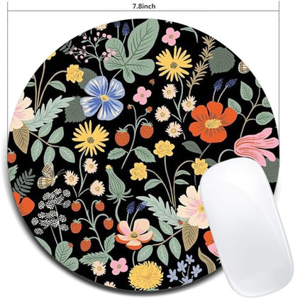 Whimsical Floral Pattern On Black Mouse Pad Round Non-Slip Rubber Mousepad Laptop Office Computer Decor Cute Desk Accessories Customized Design Mouse Pad