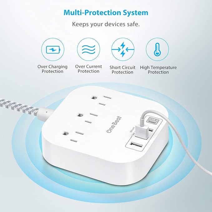 Power Strip - 10ft Long Extension Cord with USB C Ports, 3 Outlets 4 USB Desktop Charging Station, Flat Plug Power Strip Non Surge Protector for Cruise Ship, Travel Essetials, ETL Listed