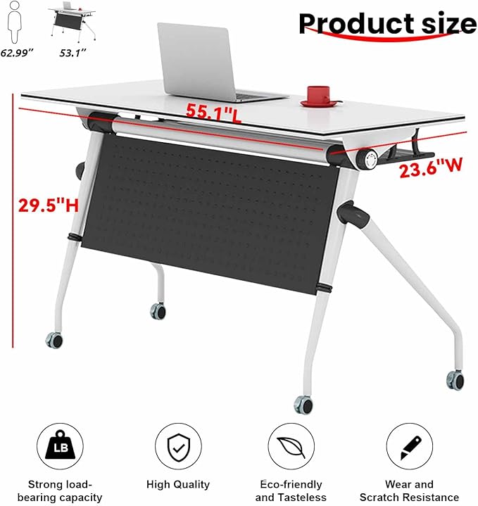 Conference Room Tables,47.2" Modern Office FoldingTraining Conference Tables,Flip Top Mobile Seminar Table with Lockable Wheels,Mobile Foldable Meeting Table for Classroom Office (white, 4 pack)