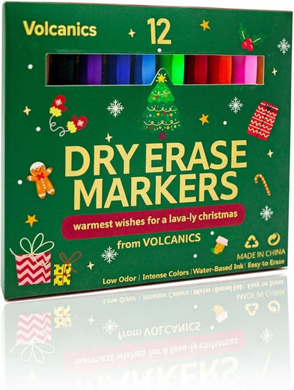 Volcanics Christmas Dry Erase Markers – Colored Whiteboard Markers with Giftable Holiday Packaging, 12 Pcs, Ideal Stocking Stuffer for Kids, Teachers & Families