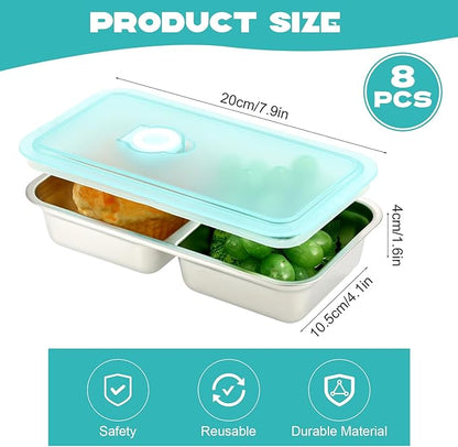 8 Pcs 30 oz Bento Boxes, 2 Compartments 304 Stainless Steel Food Storage Containers Snack Boxes with Leakproof Lids, Divided Meal Prep Lunch Box Food Container Dishwasher Safe