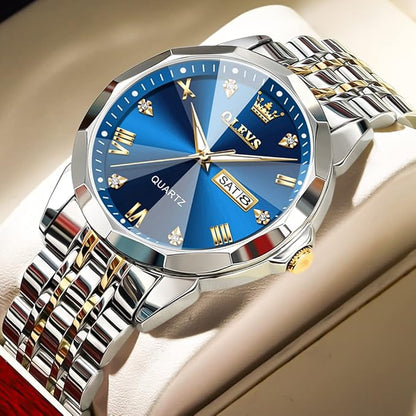 OLEVS Watches for Men Diamond Business Dress Analog Quartz Stainless Steel Date Luxury Casual Fashion Wrist Watch Waterproof Luminous