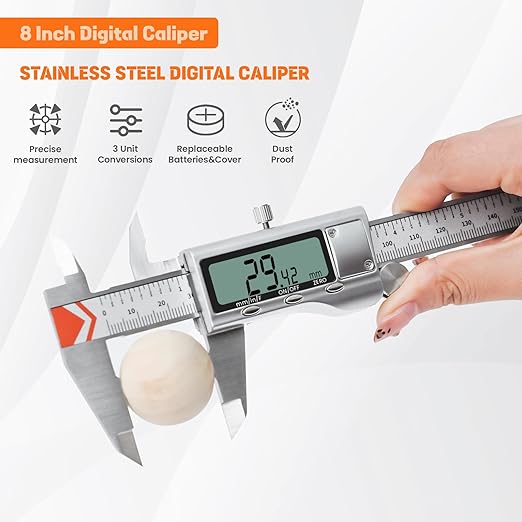 Digital Caliper, HARDELL Caliper Measuring Tool 8 Inch/200mm, 0.001" High-Precision Stainless Steel Calipers with Easy Inch Fraction Millimeter Conversion, Auto-Off Caliper with Large LCD Screen