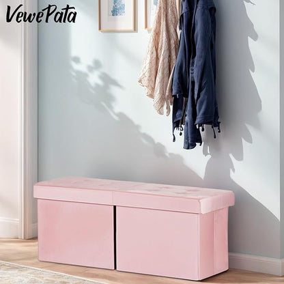 Folding Ottoman Bench with Storage - 34Inches Teddy Velvet Foot Stool Ottoman Bench, Padded Seat, Storage Chest,Blanket Store, for Entryway Livingroom and Bedroom,Pink (34" D x 13" W x 13" H)