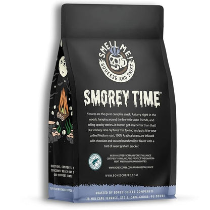 Bones Coffee Company S'morey Time, S'mores and Graham Crackers Flavored Coffee, Medium Roast Low Acid Arabica Beans Compatible with Auto drip and French Press Coffee Maker, 12 Oz Ground