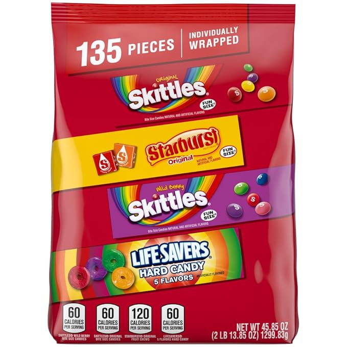 SKITTLES Original, SKITTLES Wild Berry STARBURST & LIFE SAVERS Hard Candy Fun Size Fruity Candy Assortment, 135 Ct Bulk Bag Christmas Candy