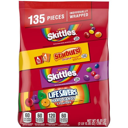 SKITTLES Original, SKITTLES Wild Berry STARBURST & LIFE SAVERS Hard Candy Fun Size Fruity Candy Assortment, 135 Ct Bulk Bag Christmas Candy