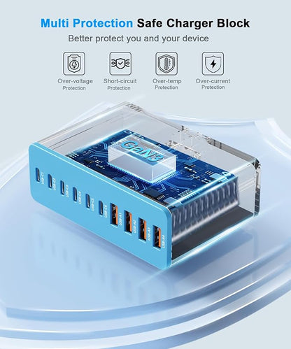 USB C Charging Station 10 Port with 4 USB Cables, 200W GaN Type C Charger Block, Wall Charger Power Strip Adapter Plug for iPad iPhone17 16 15 14 13 12 Pro Max Pixel Note Galaxy