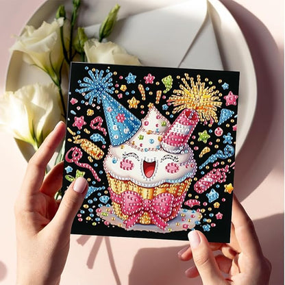 6PCS Diamond Art Painting Greeting Card Set, Birthday Cake Pattern Cards with Envelopes,DIY Card Making Kits Thank You Card Arts Crafts for Birthday