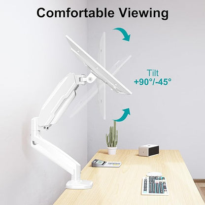 MOUNT PRO Single Monitor Desk Mount - Articulating Gas Spring Arm, Removable VESA Mount for Computer Monitor Stand with Clamp and Grommet Base Fits 13 to 32 Inch Screen, VESA 75x75, 100x100, White