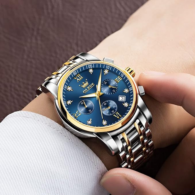 OLEVS Men's Stainless Steel Chronograph Watch, Big Face Gold Silver Black Tone Easy to Read Analog Quartz Watch, Luxury Waterproof Date Diamond Roman Arabic Numerals Dial Dress Watch for Men