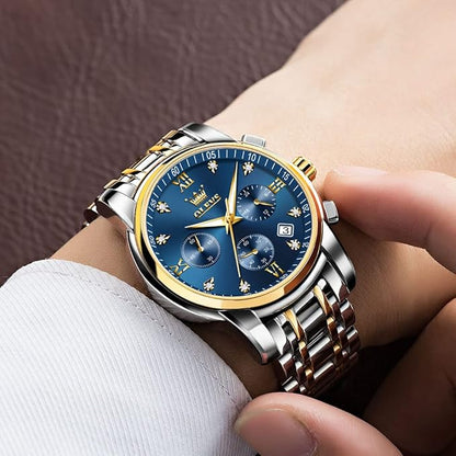 OLEVS Men's Stainless Steel Chronograph Watch, Big Face Gold Silver Black Tone Easy to Read Analog Quartz Watch, Luxury Waterproof Date Diamond Roman Arabic Numerals Dial Dress Watch for Men