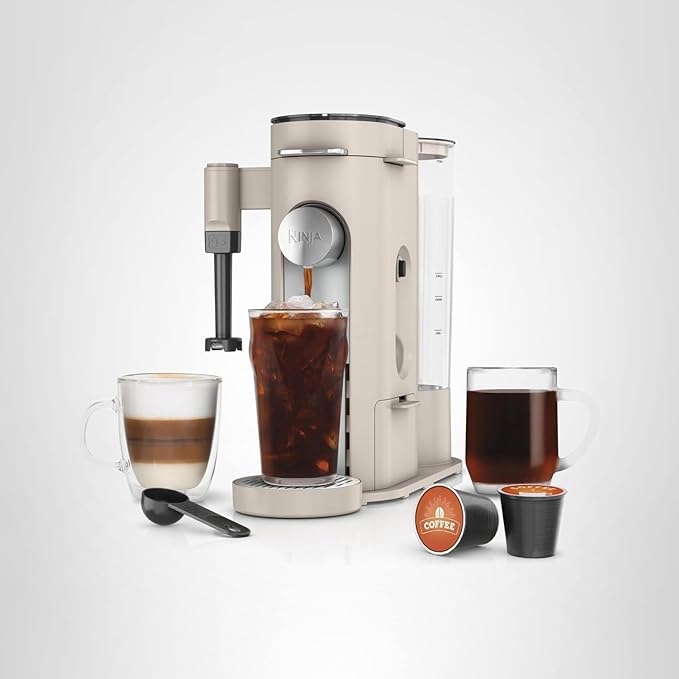 Ninja Pod & Grounds | Coffee Maker | XL Single-Serve | K-Cup Pod Compatible | Brews Grounds | Compact Design | Built-In Milk Frother | 68-oz. Reservoir, 6-oz. Cup to 24-oz. Mug Sizes | Stone |PB055AST