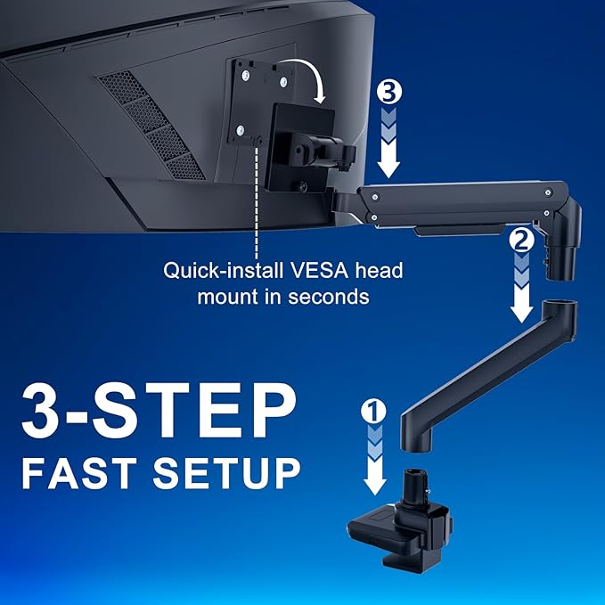 WALI Single Monitor Gas Spring Desk Mount, Heavy Duty Monitor Arm for Ultrawide Screen up to 49 inch, 44 lbs with USB. Fully Adjustable, Mounting Holes 75 and 100 (GSMU001XL), Black