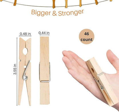 Clothes Pins Wooden, 46 Pack, 3.55 Inch, Natural Wood,Rust Resistant Clothespins, Heavy Duty Clothes Pins for Laundry,Clothes Pins for Craft, Wooden Clips for Pictures