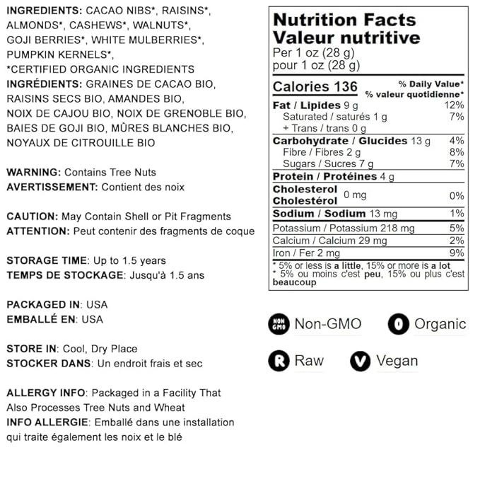 Food to Live - Organic Raw Munchies Snack Mix, 1 Pound - Raw and Non-GMO Snack Mix Contains Cacao Nibs, Raisins, Almonds, Cashews, Walnuts, Goji Berries, Mulberries, Pumpkin Seeds
