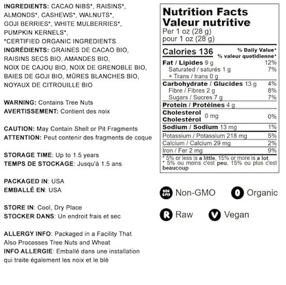 Food to Live - Organic Raw Munchies Snack Mix, 1 Pound - Raw and Non-GMO Snack Mix Contains Cacao Nibs, Raisins, Almonds, Cashews, Walnuts, Goji Berries, Mulberries, Pumpkin Seeds