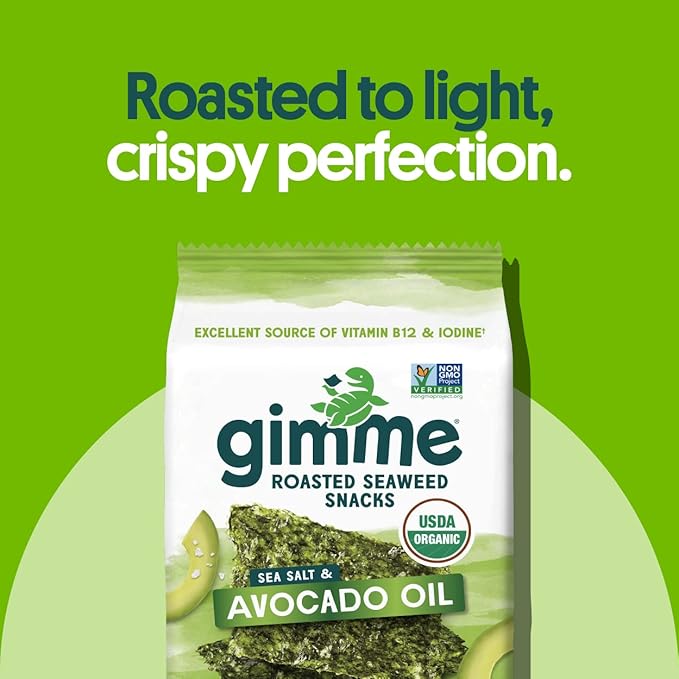 Gimme Seaweed Organic Premium Roasted Seaweed Snacks, Sea Salt & Avocado Oil, 12 Count Sharing Size, Keto, Vegan, Gluten-Free, Source of Omega3s & Iodine, Healthy On-The-Go Snack for Kids & Adults