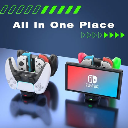 Switch Controller Charger for Nintendo Switch, Charging Dock with JoyCon/Pro / PS5 Controller, Charger Station with LED Indicator and Charger Cable for JoyCons, 6 in 1 Nintendo Charging Dock
