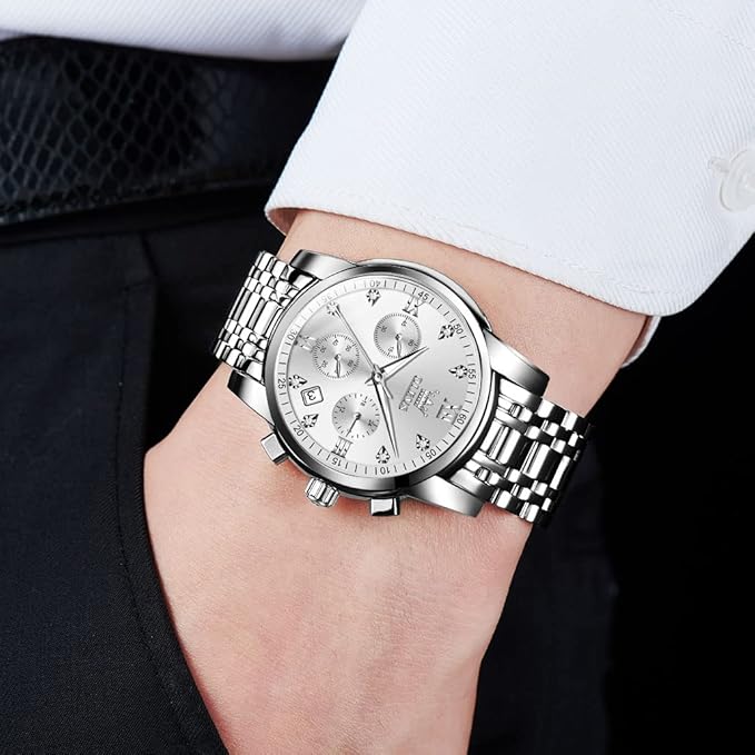 OLEVS Men's Stainless Steel Chronograph Watch, Big Face Gold Silver Black Tone Easy to Read Analog Quartz Watch, Luxury Waterproof Date Diamond Roman Arabic Numerals Dial Dress Watch for Men