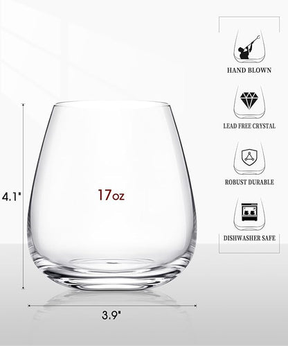 Stemless Wine Glasses Set of 4, 17oz Hand Blown Crystal Red White Wine Glass, Ideal for Birthday and Special Days, Perfect Gifts for Both Men and Women