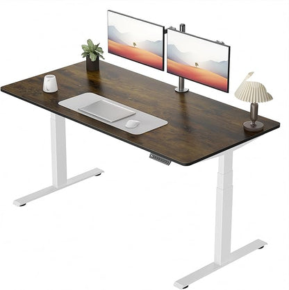 Pro 3 Stages Dual Motor 59 x 30 in Electric Standing Desk with One Piece Desktop, Adjustable Height, Sit to Stand Up Desk for Home Office, Work Study, White Frame & Brown Desktop (2 Packages)