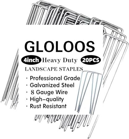 4 inch 20 Pack Silver Galvanized Landscape Staples 8 Gauge Garden Stakes Pins Anti-Rust Ground Stakes U-Shaped Tent Stakes are Used for Weed Barrier, Irrigation Tubing, Yard Lawn, Landscape Fabric